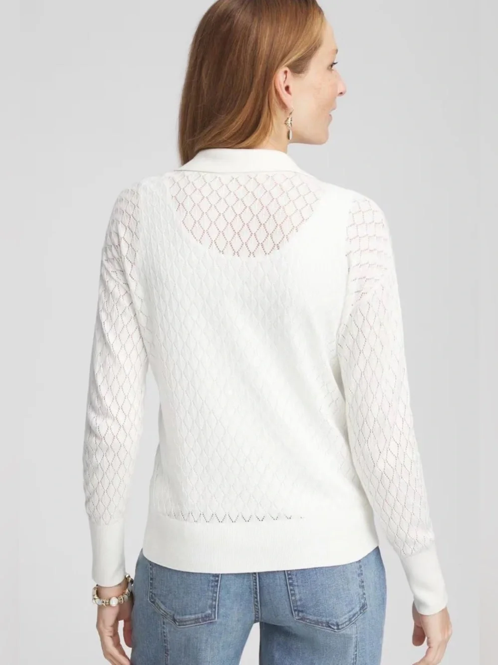 Chico’s White Pointelle Collared V-Neck Pullover Sweater Size 1 Medium M